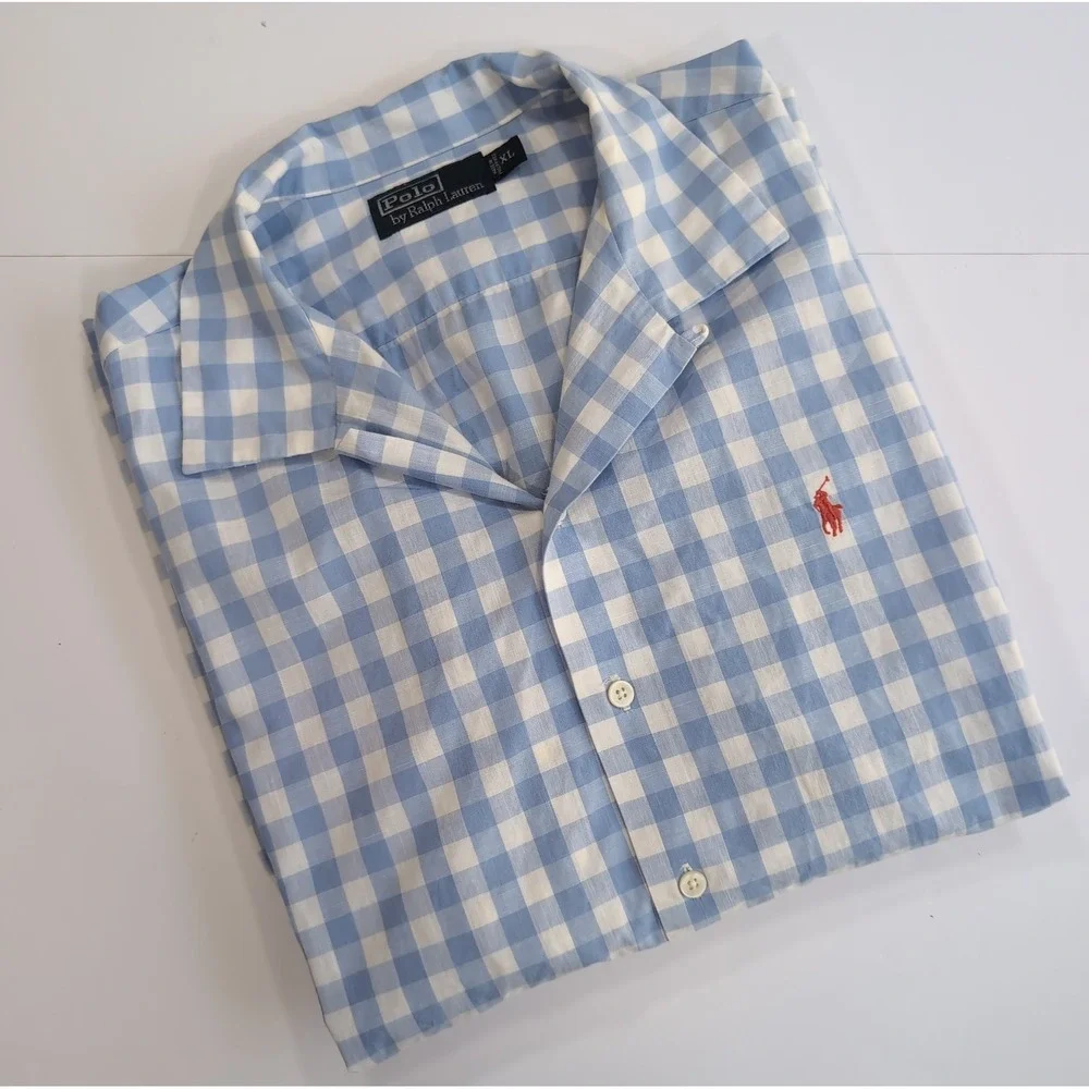 VTG Polo Ralph Lauren Caldwell Camp Collar Shirt Men's XL Gingham Blue White
